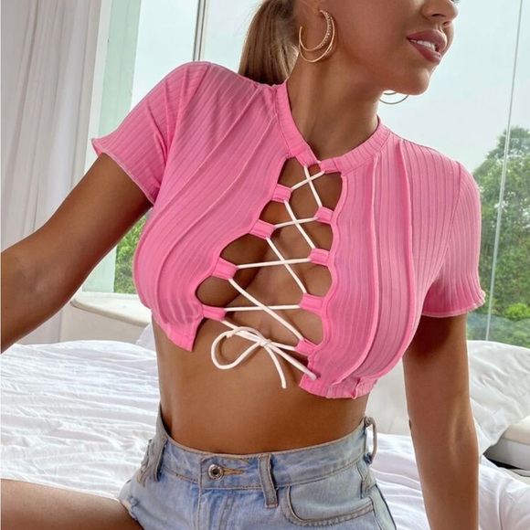 SHEIN SXY Criss-cross Lace Up Crop Top Pink - Picture 1 of 3